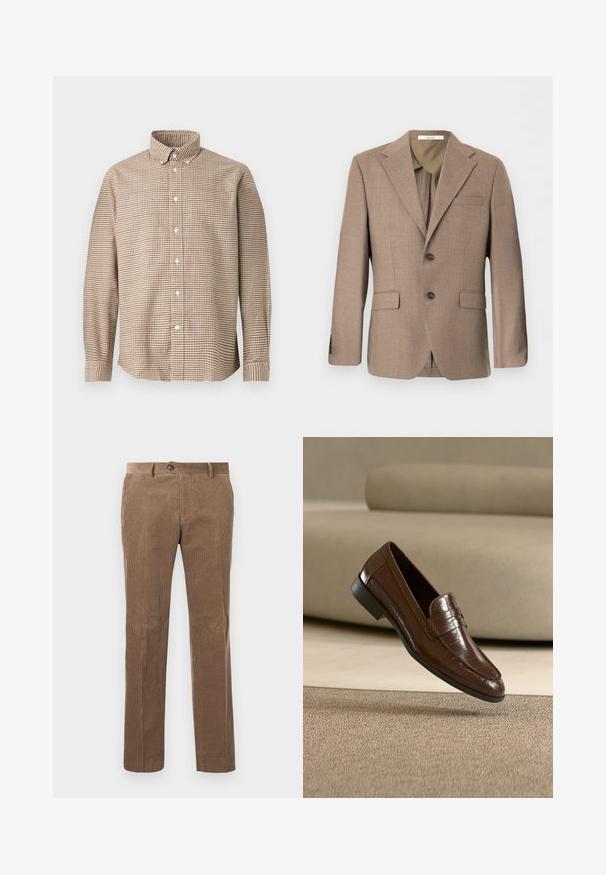 Blazer marrón de hombre de un solo pecho con solapas de muesca, dos bolsillos delanteros con solapa, bolsillo en el pecho y cierre de dos botones.; Camisa de botones de manga larga a cuadros en tonos beige y marrón con cuello botones, exhibida sobre un fondo liso, vista frontal.; Pantalones de pana marrones con textura de ribete vertical, diseño de pierna recta, cierre de un solo botón y dos bolsillos frontales.; Mocasín de cuero marrón con un patrón texturizado flotando sobre una alfombra beige con un sofá beige a juego de fondo.