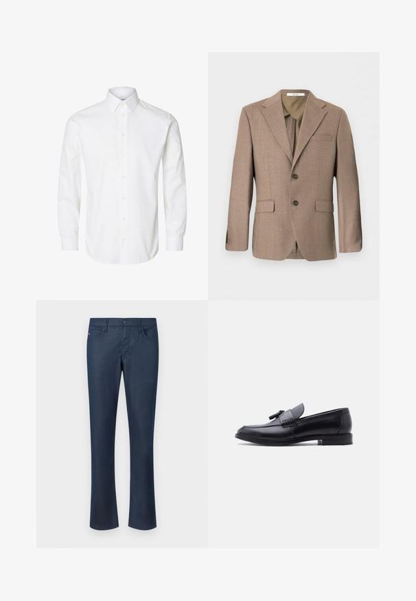 Brun enkeltknappet herreblazer med notch revers, to front flap lommer, brystlomme og lukning med to knapper.; Hvid skjorte med lange ærmer, knapper foran, spids krave og knappede manchetter.; Marineblå denimbukser med lige pasform, fem lommer og knaplukning foran. Glat tekstur med minimale syninger.; Sort læderloafer med tekstureret gråt stofpanel og kvastdetalje, lav hæl og rundet tå, vist fra siden mod en hvid baggrund.