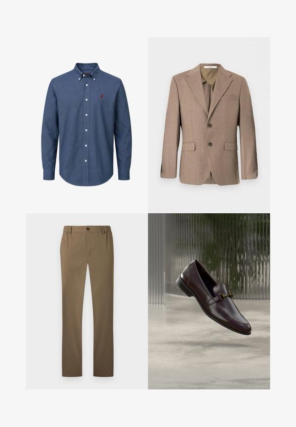 Brun enkeltknappet herreblazer med notch revers, to front flap lommer, brystlomme og lukning med to knapper.; Blå skjorte med lange ærmer, hvide knapper og en lille rød broderet logo på venstre bryst.; Herre bukser i khaki med lige ben, lukkes med knap og lynlås, bæltestropper og uden synlige lommedetaljer.; Brun læderloafer med en glat finish, firkantet snude og guldfarvet hardwaredetalje. Den har en lav hæl og subtile syningsdetaljer.