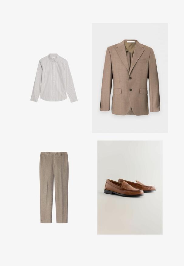 Blazer marron simple boutonnage pour homme avec revers crantés, deux poches avant à rabats, poche poitrine passepoilée et fermeture à deux boutons.; Marks & Spencer STRIPED OXFORD - Chemise - natural mix; Pantalons en lin marron clair avec une coupe droite, dotés d'une taille plate, de passants de ceinture et sans motifs ni accents visibles.; Mocassins en cuir marron avec un bout arrondi, dotés de détails cousus et d'un léger talon. Semelle extérieure en caoutchouc noir pour une meilleure adhérence et durabilité.