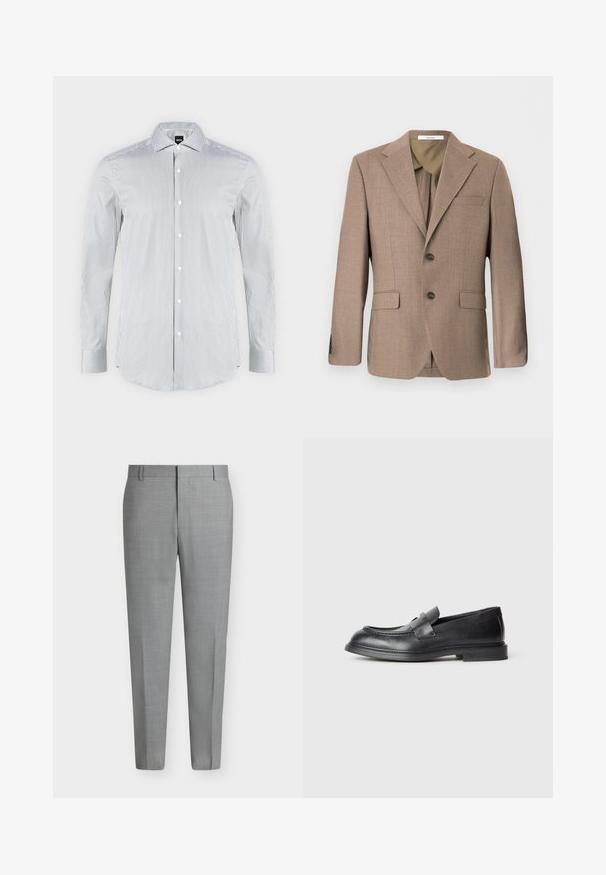 Blazer marron simple boutonnage pour homme avec revers crantés, deux poches avant à rabats, poche poitrine passepoilée et fermeture à deux boutons.; Chemise blanche avec fines rayures verticales noires, manches longues, fermeture boutonnée devant et col pointu.; Pantalon de costume gris clair sur mesure avec passants de ceinture, devant plat et coupe droite sur fond blanc.; Mocassins en cuir noir avec une finition texturée, dotés d'une bride décorative à l'avant et d'un bout arrondi. Semelle en caoutchouc pour plus de durabilité.
