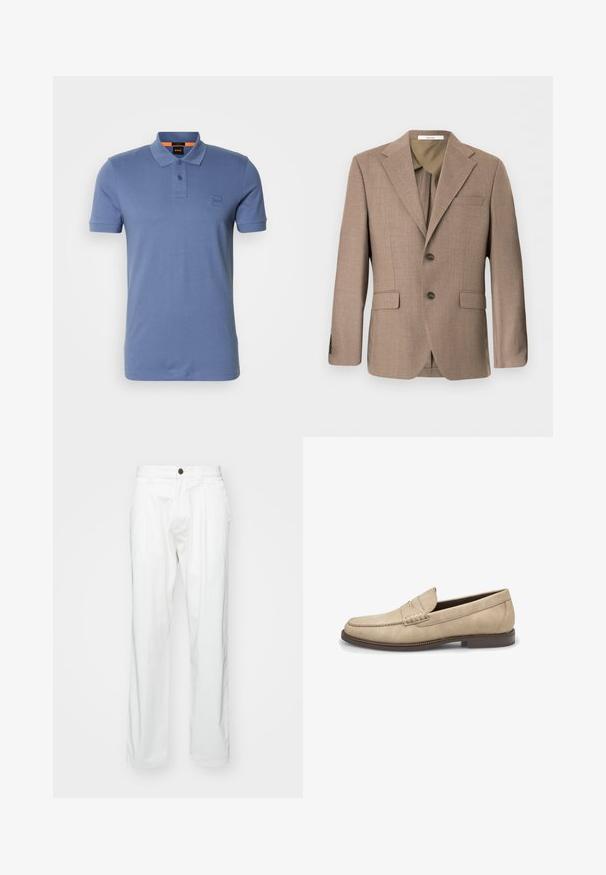 Brauner einreihiger Herrenblazer mit Revers mit Kerbe, zwei vorderen Pattentaschen, Brustleistentasche und Zwei-Knopf-Verschluss.; Blaue Baumwoll-Polohemd mit klassischem Kragen, zwei Knöpfen und einem kleinen Logopatch auf der Brust. Kurzärmel und normale Passform.; Weiße Baumwollhosen mit lockerer Passform, ausgestattet mit einem Knopfverschluss, zwei vorderen Falten und Seitentaschen. Glatte Textur, ohne Muster.; Beiger Wildleder-Slipper mit abgerundeter Zehenpartie, genähten Details auf dem Vorderblatt und einer kontrastierenden braunen Gummisohle. Klassisches Slip-On-Design.