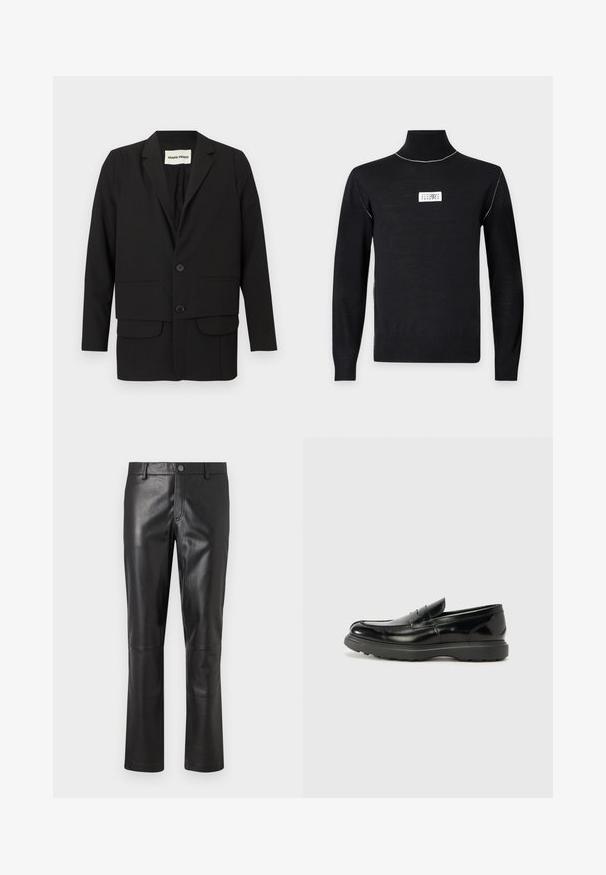 Blazer noir avec un col à revers cranté, deux poches avant, fermeture à double bouton et coupe droite. Confectionné dans un tissu lisse.; Pull noir à col roulé manches longues avec des coutures blanches sur les épaules et un petit patch logo rectangulaire blanc sur la poitrine.; Pantalon en cuir noir avec une texture lisse, design à jambes droites et couture subtile le long des coutures. Présente une fermeture à bouton à la taille.; Mocassin en cuir noir avec une finition brillante, bout arrondi, détails de couture subtils et semelle en caoutchouc épaisse pour la durabilité.