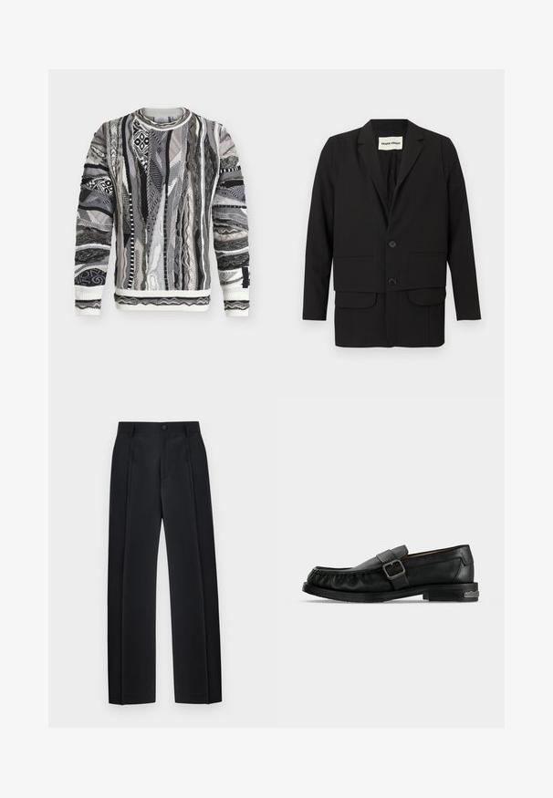 Blazer noir avec un col à revers cranté, deux poches avant, fermeture à double bouton et coupe droite. Confectionné dans un tissu lisse.; Pull en maille à manches longues avec des rayures verticales texturées multicolores dans des nuances de noir, gris et blanc, avec un col rond et des poignets côtelés.; Pantalon noir ajusté à jambes droites avec plis devant, passants pour ceinture et fermeture par bouton à la taille.; Mocassin en cuir noir avec une bride à boucle, détails cousus autour de la pointe, et un petit talon avec un accent métallique.