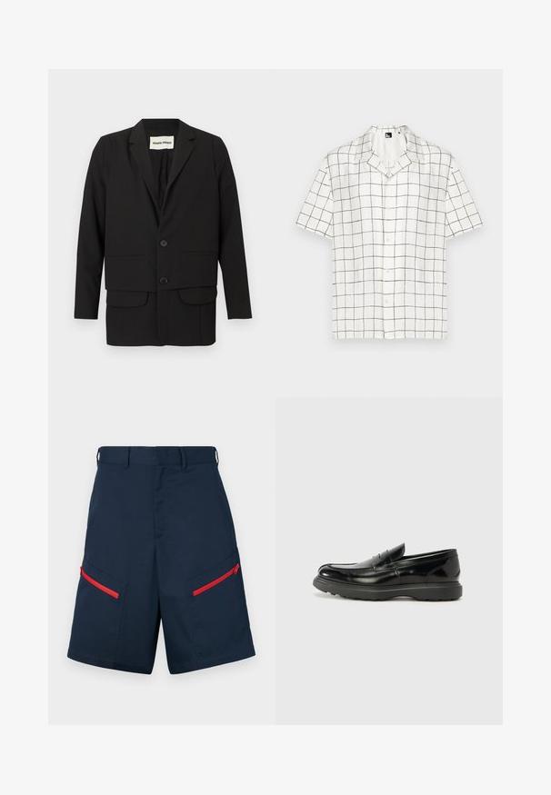 Blazer noir avec un col à revers cranté, deux poches avant, fermeture à double bouton et coupe droite. Confectionné dans un tissu lisse.; Chemise à manches courtes, avec col, en tissu blanc avec un motif en grille noir, comportant des boutons sur le devant et une coupe décontractée.; Shorts cargo navy fabriqués avec deux poches zippées avec des accents rouges, devant plat et détails cousus.; Mocassin en cuir noir avec une finition brillante, bout arrondi, détails de couture subtils et semelle en caoutchouc épaisse pour la durabilité.