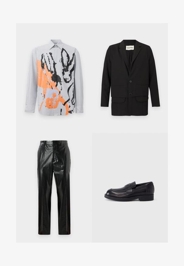Schwarzer Blazer mit Reverskragen, zwei aufgesetzten Fronttaschen, Doppelknopfverschluss und geradem Schnitt. Hergestellt aus einem glatten Stoff.; Gestreifte Button-up-Bluse mit einem abstrakten Design in Orange und Schwarz, das Tierumrisse und zeitgenössische Pinselstrichakzente zeigt.; Schwarze hochglänzende Vinyl-Hose mit geradem Bein, Gürtelschlaufen, verdecktem Frontverschluss und eingelegten Bügelfalten.; Schwarzer Lederloafer mit niedrigem Absatz und Riemen über dem Vorderblatt, prägendes Logo auf dem Riemen, seitlich auf weißem Hintergrund dargestellt.