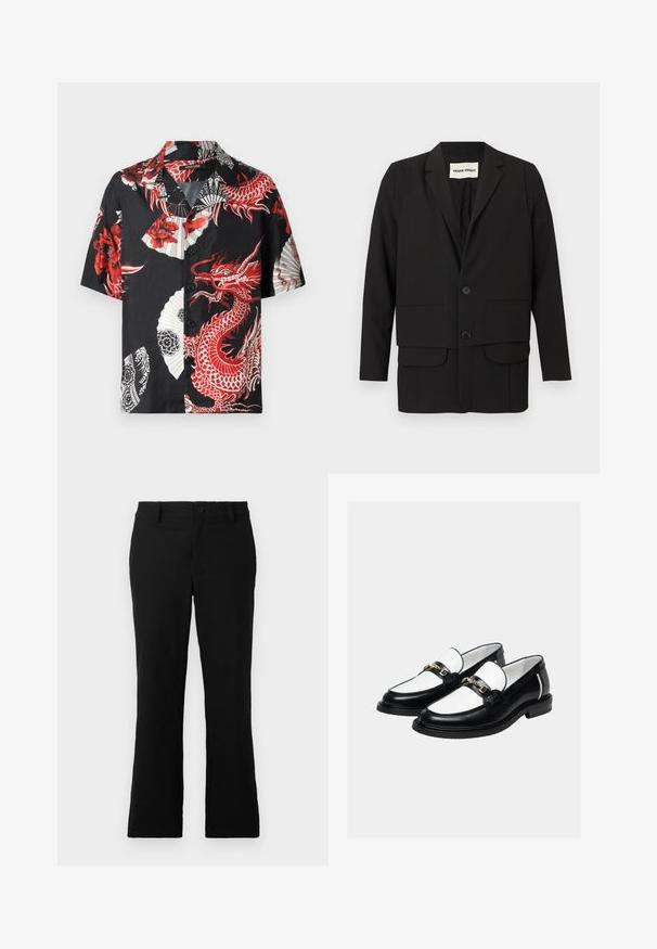 Sort blazer med slagkrave, to forlommer, dobbeltknappet lukning og en lige snit. Fremstillet af et glat stof.; Kortærmet sort skjorte med røde drager og blomstermønstre, hvide vifte-designs og knaplukning foran. Lavet af glat stof.; Sorte flagrende bukser lavet af en blanding af bomuldsstof, med knaplukning, bælteløkker og en glat tekstur uden synlige mønstre.; Par sorte og hvide læder loafers med guldkæde på toppen, sat mod en ensartet lys baggrund.