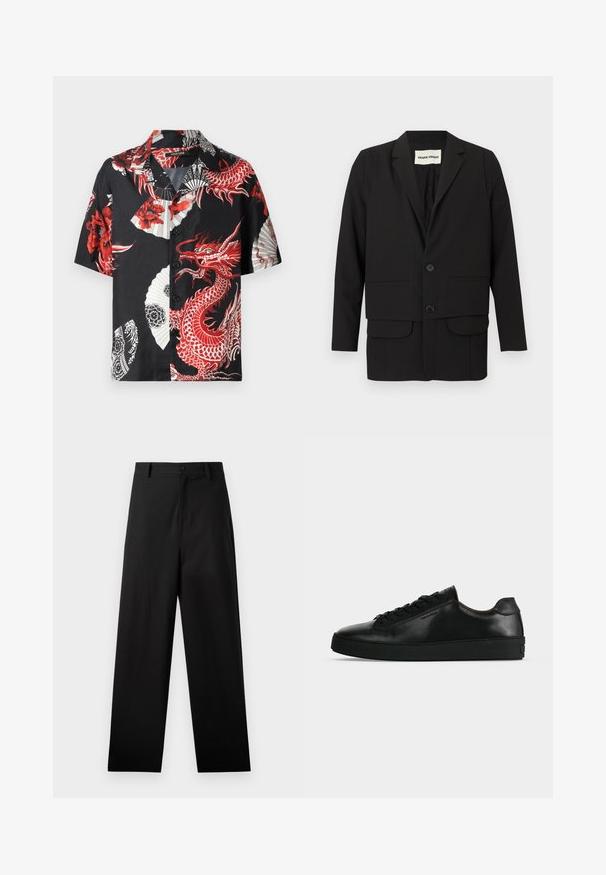 Schwarzer Blazer mit Reverskragen, zwei aufgesetzten Fronttaschen, Doppelknopfverschluss und geradem Schnitt. Hergestellt aus einem glatten Stoff.; Schwarzes Kurzarmshirt mit roten Drachen- und Blumenmustern, weißen Fächerdesigns und einer Knopfleiste. Aus glattem Stoff gefertigt.; Schwarze Baumwollhosen mit geradem Bein, ausgestattet mit einem vorderen Knopfverschluss und Seiten Taschen. Glatte Textur, keine Muster.; Schwarzer niedriger Ledersneaker mit schwarzen Schnürsenkeln und dicker schwarzer Sohle, von der Seite auf hellgrauem Hintergrund gezeigt.