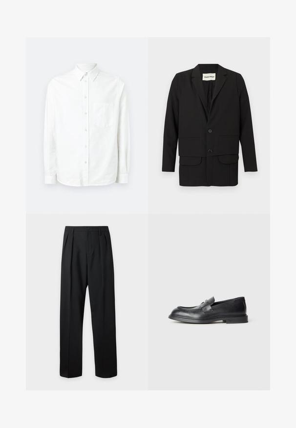 Sort blazer med slagkrave, to forlommer, dobbeltknappet lukning og en lige snit. Fremstillet af et glat stof.; Hvid langærmet skjorte med knaplukning lavet af letvægtsstof. Har en frontlomme, klassisk krave og subtil tekstur.; Sorte skræddersyede bukser med høj talje, bæltestropper, frontfolder, knaplukning og lige vide ben på en lys baggrund.; Sorte læder loafers med en struktureret finish, der har en dekorativ frontrem og en rundet tå. Gummisål for holdbarhed.