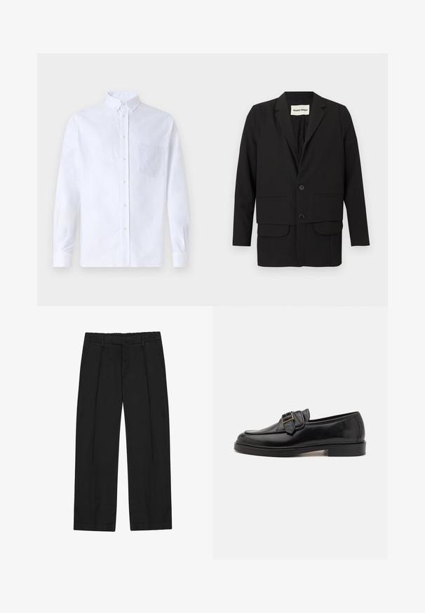 Sort blazer med slagkrave, to forlommer, dobbeltknappet lukning og en lige snit. Fremstillet af et glat stof.; Hvid langærmet skjorte med knapper lavet af bomuld, med en brystlomme med tonal broderi, krave og knapmanchetter.; Sorte bukser med lige ben, der har læg, sidelommer og en flad linning. Fremstillet af glat stof med en mat finish.; Sorte læder loafers med rund tå og en dekorativ spændeaccent. Flad, solid hæl og glat tekstur hele vejen igennem.