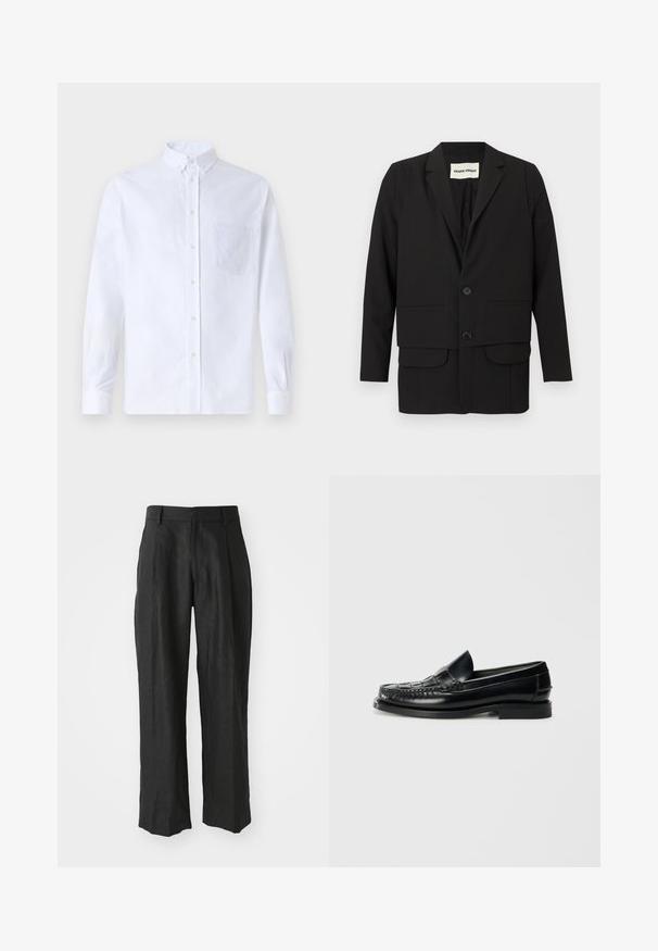 Blazer noir avec un col à revers cranté, deux poches avant, fermeture à double bouton et coupe droite. Confectionné dans un tissu lisse.; Chemise blanche à manches longues avec boutons en coton, présentant une poche poitrine avec broderie ton sur ton, un col et des poignets boutonnés.; Pantalons en lin noir avec une coupe droite, ornés de plis distinctifs à l'avant et d'une finition lisse et texturée.; Hereu NOMBELA - Chaussons - black