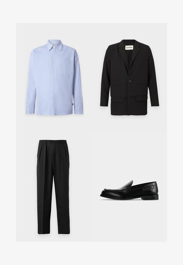 Blazer noir avec un col à revers cranté, deux poches avant, fermeture à double bouton et coupe droite. Confectionné dans un tissu lisse.; Chemise bleu clair à manches longues avec boutons, col pointu et une poche poitrine unique sur fond blanc uni.; Pantalons plissés noirs au design sur mesure, confectionnés en tissu lisse, avec une fermeture à bouton et une coupe droite.; Mocassin noir en cuir à enfiler avec un petit talon, un bout arrondi et des surpiqûres décoratives le long du bord supérieur.