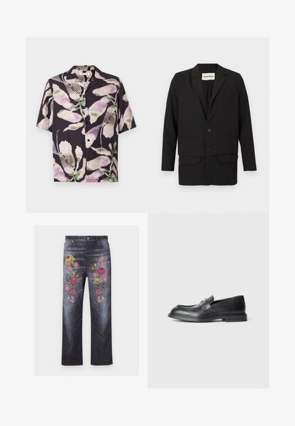 Blazer noir avec un col à revers cranté, deux poches avant, fermeture à double bouton et coupe droite. Confectionné dans un tissu lisse.; Chemise noire à manches courtes boutonnée avec un grand imprimé floral abstrait violet, beige et vert et un col camp.; Jean en denim délavé foncé, taille haute, jambes droites, avec des motifs floraux brodés colorés sur le devant des cuisses.; Mocassins en cuir noir avec une finition texturée, dotés d'une bride décorative à l'avant et d'un bout arrondi. Semelle en caoutchouc pour plus de durabilité.