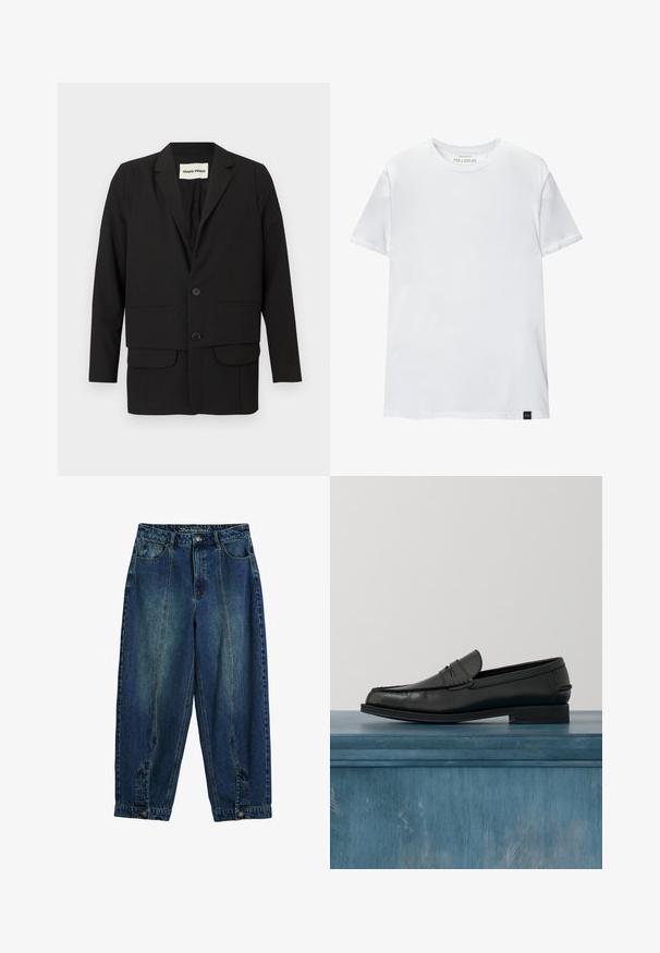 Sort blazer med slagkrave, to forlommer, dobbeltknappet lukning og en lige snit. Fremstillet af et glat stof.; Hvid muskeltilpasset t-shirt lavet af bomuld. Rund hals, korte ærmer, glat tekstur. Lille sort logo-tag nederst. Enkelt design.; Denim bukser med et klassisk blå vask, høj talje, løs pasform, for- og baglommer samt knaplukning ved taljen.; Sorte læderloafers med et slankt design, der har syning ved tåen og en glat finish. Skoen har en lav hæl og minimal udsmykning.