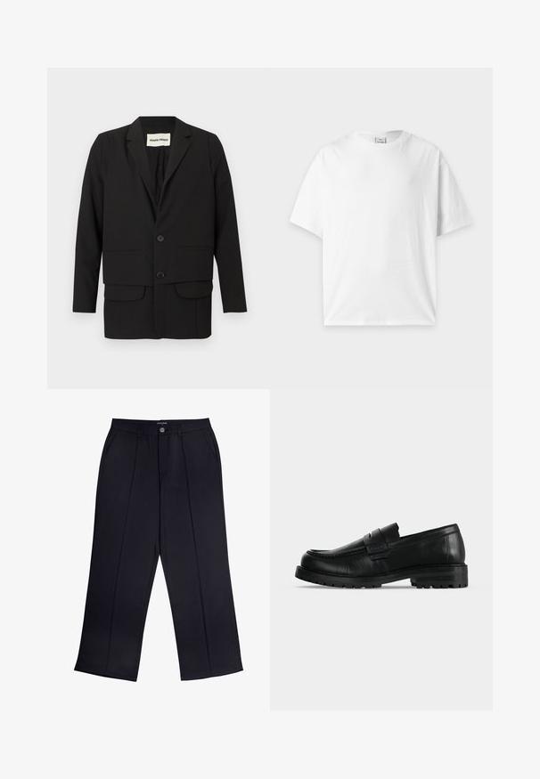 Schwarzer Blazer mit Reverskragen, zwei aufgesetzten Fronttaschen, Doppelknopfverschluss und geradem Schnitt. Hergestellt aus einem glatten Stoff.; Schlichtes weißes T-Shirt mit kurzen Ärmeln und Rundhalsausschnitt, flach auf einem hellgrauen Hintergrund liegend.; Schwarze weite Hosen aus glattem Material mit Reißverschluss, Knopfverschluss und Fronttaschen. Auffällige Fältelung entlang jedes Beins.; Schwarzer Lederloafer mit dicker Sohle und Moc-Toe-Naht, seitlich auf einfarbig hellem Hintergrund dargestellt.