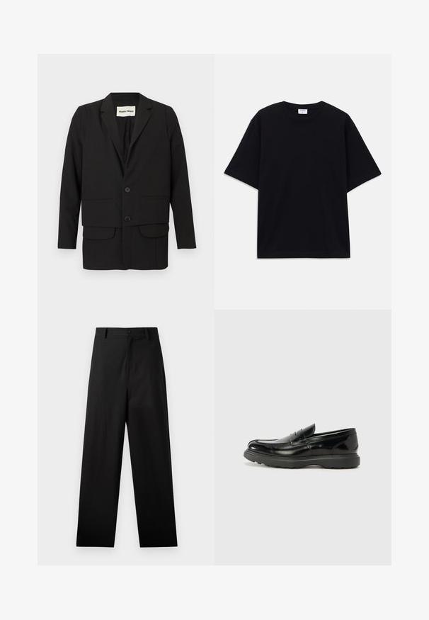 Schwarzer Blazer mit Reverskragen, zwei aufgesetzten Fronttaschen, Doppelknopfverschluss und geradem Schnitt. Hergestellt aus einem glatten Stoff.; Schwarzes, oversized T-Shirt mit kurzen Ärmeln und rundem Ausschnitt, mit sichtbarem Filippa K Markenlabel im Kragen.; Schwarze Baumwollhosen mit geradem Bein, ausgestattet mit einem vorderen Knopfverschluss und Seiten Taschen. Glatte Textur, keine Muster.; Schwarze Lederloafer mit glanzendem Finish, abgerundetem Zehenbereich, subtilen Steppnähten und einer dicken Gummisohle für Langlebigkeit.