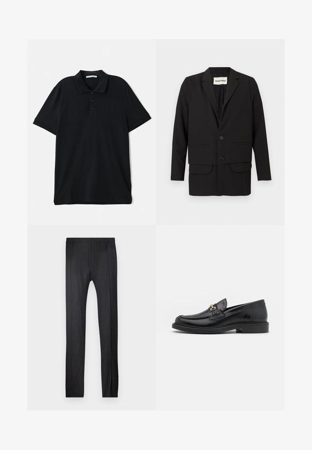 Zwarte blazer met een reverskraag, twee voorzakken, dubbele knoopsluiting en een rechte snit. Gemaakt van een gladde stof.; Zwarte polo t-shirt van katoen, met een klassieke kraag, een drieknoopsluiting, korte mouwen en een subtiele logo-detail aan de voorkant.; Emporio Armani TROUSER - Broek - nero; Zwarte leren instappers met een ronde neus, voorzien van een gouden hardware accent en stikdetails, geplaatst op een lage, getextureerde rubberen zool.