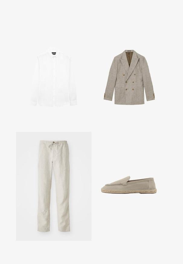Lichtgrijze double-breasted blazer met gekartelde revers, bruine knopen, twee voorzakken en knoopdetails op de mouwen tegen een witte achtergrond.; Wit overhemd met lange mouwen, button-down kraag en knopen aan de voorkant, plat gelegd tegen een witte achtergrond.; Lichtbeige linnen broek met een recht gesneden ontwerp, elastische tailleband, verstelbare koord en geen zichtbare patronen of hardware.; Beige suède instapper met geweven jute zool, gestikte details langs de bovenranden, platte hak en afgeronde neus.