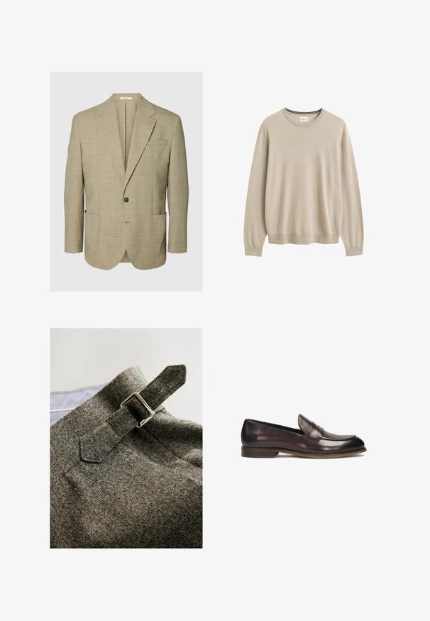 Beige blazer met een enkele knoop, met inkepingsrevers, twee opgestikte voorzakken en een borstzak, afgebeeld op een effen achtergrond.; Beige trui met lange mouwen en een ronde hals, geribde manchetten en zoom, effen ontwerp, merklabel binnenin de halslijn.; Grijze textuurstof met een gespdetail. Het ontwerp heeft een moderne snit en zichtbare stikhoudingen.; Donkerbruine leren loafers met een ronde neus, verhoogde stiksels en een lichte hak. Gladde textuur en klassiek ontwerp.