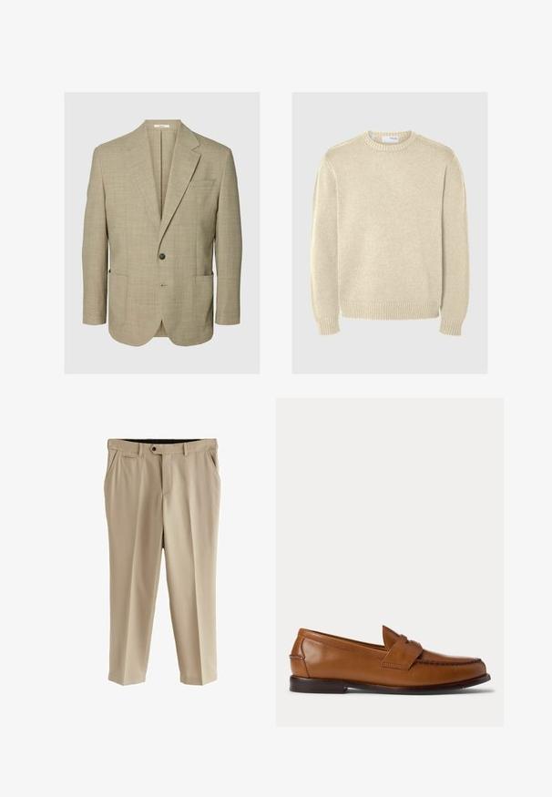 Beige blazer met een enkele knoop, met inkepingsrevers, twee opgestikte voorzakken en een borstzak, afgebeeld op een effen achtergrond.; Lichtbeige gebreide trui met ronde halslijn, lange mouwen, ribgebreide boorden en zoom. Gladde textuur met een gemiddelde dikte patroon.; Beige broek van soepel materiaal, met een flat front, zijzakken en één achterzak. Standaard tailleband met een knoopsluiting.; Bruine leren penny loafer met lage hiel en gestikte details aan de voorkant en zijkanten, zijaanzicht op een witte achtergrond.