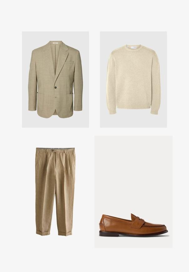 Beige blazer met een enkele knoop, met inkepingsrevers, twee opgestikte voorzakken en een borstzak, afgebeeld op een effen achtergrond.; Lichtbeige gebreide trui met ronde halslijn, lange mouwen, ribgebreide boorden en zoom. Gladde textuur met een gemiddelde dikte patroon.; Beige geplooide broek met steekzakken, knoopsluiting, omgeslagen zomen en een getailleerde pasvorm.; Bruine leren penny loafer met lage hiel en gestikte details aan de voorkant en zijkanten, zijaanzicht op een witte achtergrond.