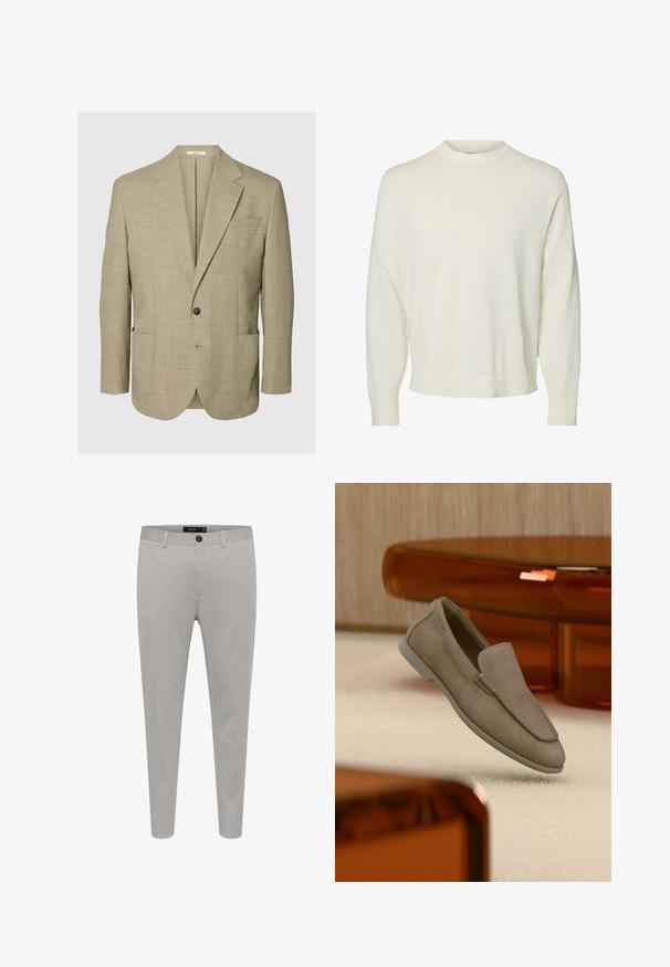 Blazer beige à un bouton avec revers crantés, deux poches plaquées sur le devant et une poche poitrine passepoilée, présenté sur un fond uni.; Pull crème à manches longues avec col rond, poignets et ourlet côtelés, présenté sur un fond uni.; Pantalon ajusté gris clair en tissu texturé, avec une fermeture à bouton, des poches latérales et une coupe slim.; Mocassin beige en daim à enfiler avec coutures visibles et semelle claire, positionné au-dessus d'un tapis crème, avec un meuble translucide orange en arrière-plan.
