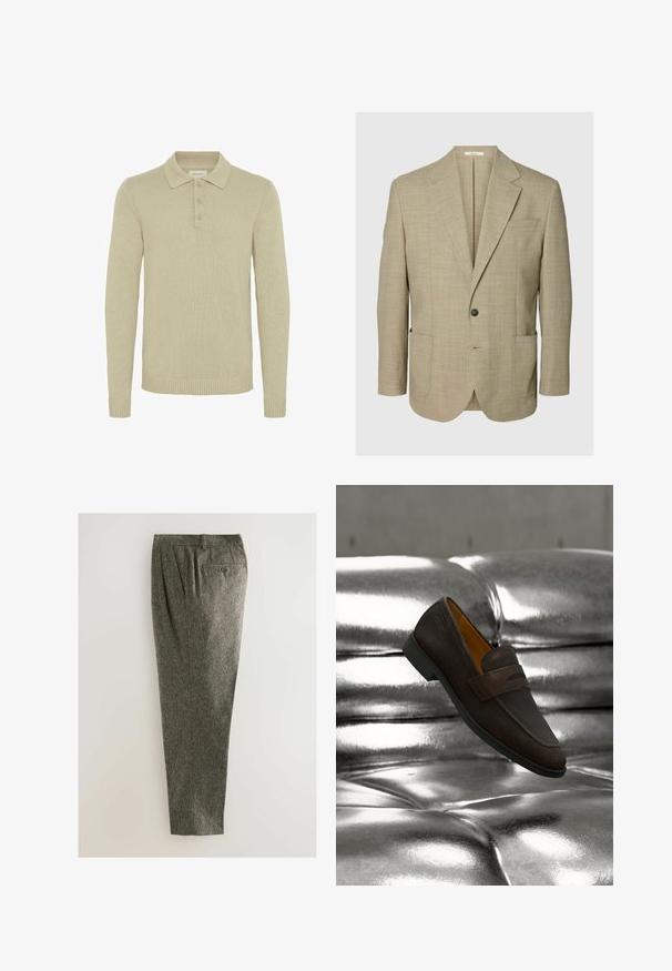 Blazer beige de un botón con solapas con muesca, dos bolsillos frontales de parche y un bolsillo en el pecho, mostrado sobre un fondo liso.; Suéter de polo de manga larga color beige, hecho de tela de punto acanalado, con una tapeta de tres botones y puños y dobladillo acanalados. Diseño de cuello clásico.; Pantalones en mezcla de lana en gris con un tejido texturizado. Con cintura plana, dos pinzas y un bolsillo trasero con cierre de botón. Diseño de pierna recta.; Zapato mocasín de cuero marrón con suela baja negra, colocado sobre un fondo brillante y acolchado de cojín metálico plateado.