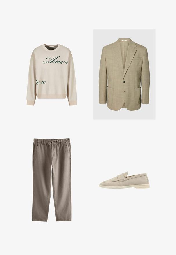 Beige blazer med enkelt knap, hakkede revers, to forlommer med påsyede poser og brystlomme, vist på en ensfarvet baggrund.; Beige strikket sweater med grønne kursiverede bogstaver. Ribbet halsudskæring og manchetter, afslappet pasform, med blød tekstur.; Brune afslappede bukser med elastisk talje, forlommer og snørre, lagt fladt på en hvid baggrund.; Beige ruskind slip-on sko med rund tå, frontaccentbånd og en let gummisål. Glat tekstur og minimalistisk design.