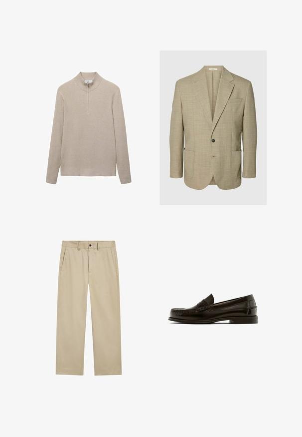 Beige blazer met een enkele knoop, met inkepingsrevers, twee opgestikte voorzakken en een borstzak, afgebeeld op een effen achtergrond.; Beige geribbelde trui met een hoge kraag en eenhalve ritssluiting. Lange mouwen en een aansluitende zoom benadrukken de textuurrijke uitstraling.; Beige broek met rechte pijpen, riemlussen, zijzakken en een knoopsluiting in de taille.; Bruine leren instappers met een ronde neus, decoratieve stiksels en een lage hak. Gladde textuur met minimale hardware en een klassiek ontwerp.