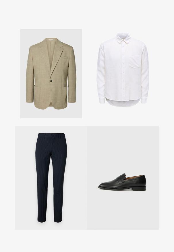 Beiger Ein-Knopf-Blazer mit Kerbkragen, zwei aufgesetzten Fronttaschen und einer Brustleistentasche, dargestellt auf einfachem Hintergrund.; Weißes Langarmhemd mit Knopfleiste, spitzem Kragen und einer Brusttasche auf einfachem Hintergrund.; Marineblaue Hose mit feinen vertikalen Streifen, aus einem glatten Stoff gefertigt. Verfügt über einen Knopfverschluss und eine taillierte Passform mit geraden Beinen.; Schwarze Leder-Slipper mit runder Zehenform, dezenten gestickten Details und niedrigem Absatz, ausgestattet mit glatter Textur und minimalistischem Design.