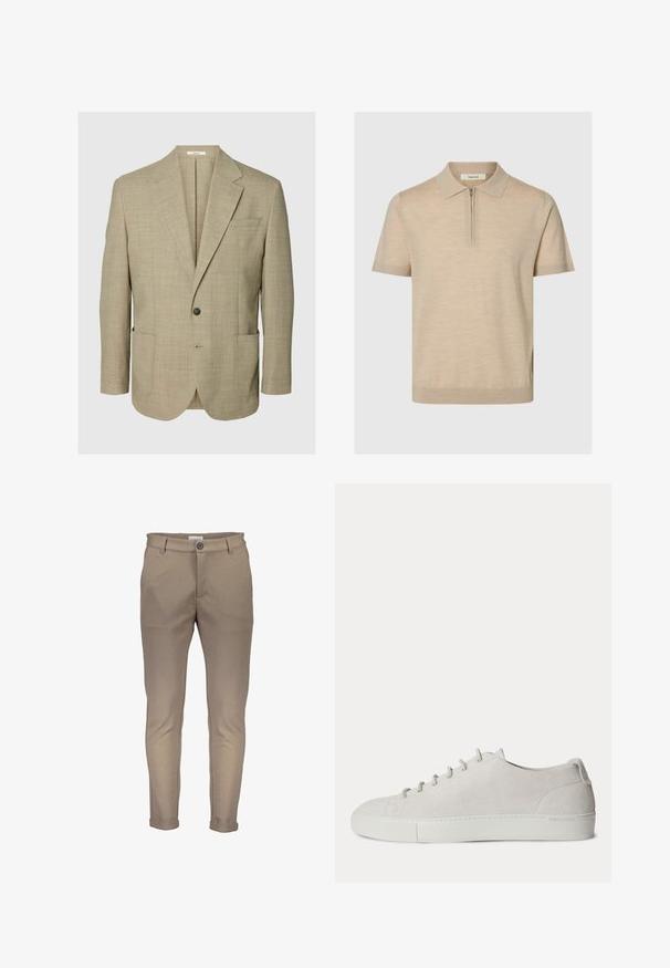 Beiger Ein-Knopf-Blazer mit Kerbkragen, zwei aufgesetzten Fronttaschen und einer Brustleistentasche, dargestellt auf einfachem Hintergrund.; Beige Polohemd mit kurzen Ärmeln, Reißverschluss am Kragen und tailliertem Saum, gefertigt aus leichtem Strickstoff.; Beige Baumwollmischhosen mit schmaler Passform, versehen mit einem Knopfverschluss, Gürtelschlaufen und aufgerollten Beinen. Glatte Textur mit sauberer Naht.; Weißer Low-Top Veloursleder-Sneaker mit Schnürung vorne und Gummisohle, minimalistisches Design.