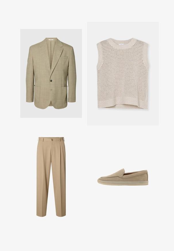 Blazer beige à un bouton avec revers crantés, deux poches plaquées sur le devant et une poche poitrine passepoilée, présenté sur un fond uni.; Débardeur en tricot sans manches de couleur beige clair avec un motif en maille ouverte, col rond et ourlet côtelé. Texture douce ; design décontracté adapté aux superpositions.; Pantalon beige ajusté avec plis sur le devant, passants pour ceinture, fermeture par bouton et coupe droite.; Mocassin beige en daim à enfiler, semelle en caoutchouc clair, petit talon et coutures discrètes le long du bord supérieur.