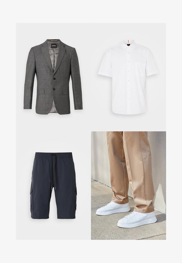 Blazer gris avec un motif hachuré subtil, fermeture à deux boutons, revers crantés, et deux poches avant. Doublé d'un tissu gris clair.; Chemise blanche à manches courtes, boutonnée, fabriquée en coton, avec une poche poitrine unique, un col classic et des détails de couture discrets.; Shorts cargo navy avec une taille élastique, un cordon de serrage à l'avant, des poches latérales et une texture douce. Tissu durable adapté à un usage décontracté.; Baskets en cuir blanc avec une finition lisse, embouts ronds, lacets blancs et un design minimaliste. Portées avec un pantalon tapered marron clair.
