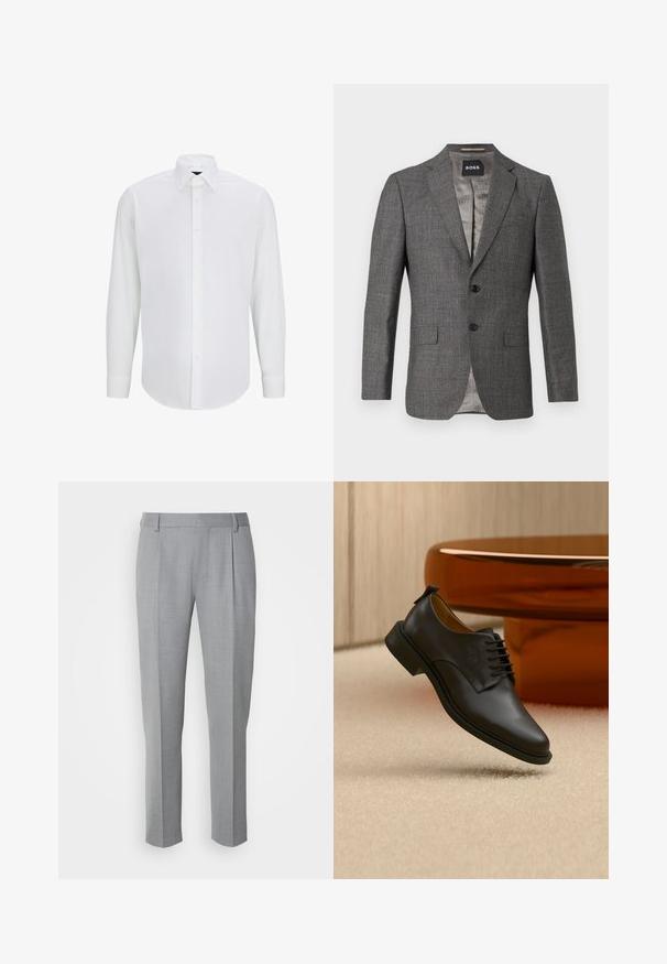 Grå blazer med et subtilt hørmønster, to-knaps lukning, notch-kraver og to frontlommer. Foret med et lysegråt stof.; Hvid langærmet skjorte lavet af glat stof med standard krave, frontlukning med knapper og afrundet kant. Ingen synlige mønstre eller accenter.; Grå skræddersyede bukser med en glat tekstur, som har en flad front, lige ben og diskrete folder for ekstra detalje.; Sort læder snørestøvle til mænd, der svæver over en beige tæppe, med et brunt rundt sofabord i baggrunden.