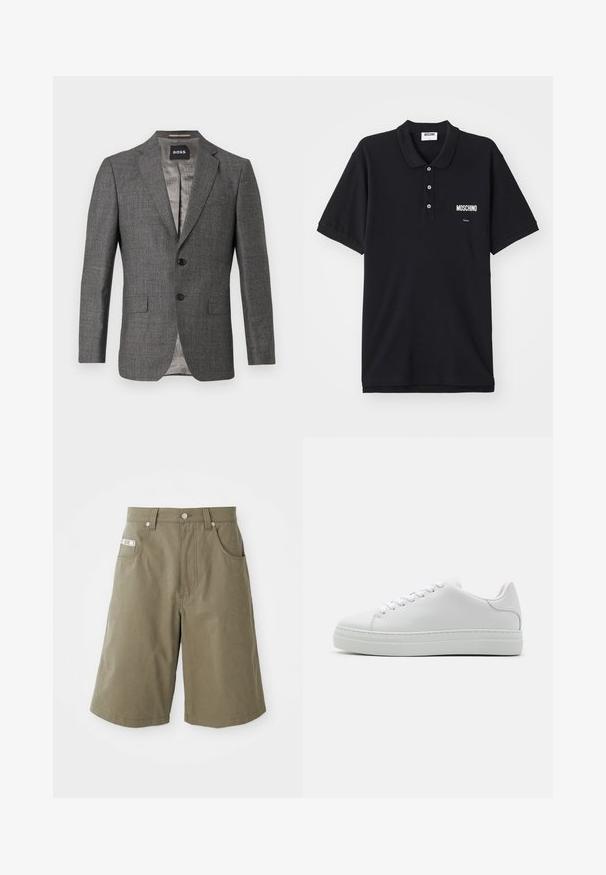 Harmaa bleiseri, jossa on hienovarainen herringbone-kuvio, kaksipainikeetikku, lovet kynärille ja kaksi etutaskua. Vuoritettu vaaleanharmaalla kankaalla.; Musta poolopaita, joka on valmistettu puuvillasta, perinteisellä kauluksella, kolmella napilla ja valkoisella Moschino-logolla vasemmassa rintataskussa.; MOSCHINO TAPE - Shortsit - green; Valkoinen nahkakenkä paksulla platform-pohjalla, pyöreällä varvolla ja kuudella nauhalla. Silkkinen pinta, jossa on hienovaraisia ompelutietoja.