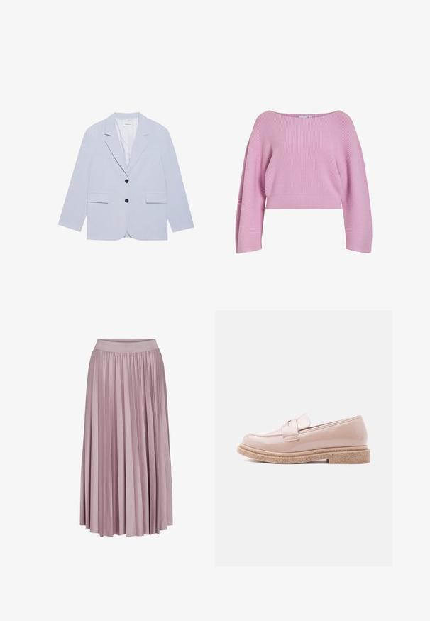Even&Odd by Zalando Blazer - light blue; Gekürzter Pullover aus geripptem Strickstoff in Pastellrosa, mit weitem Ausschnitt und breiten Ärmeln für eine lockere Passform.; Faltenrock aus weichem pinkfarbenem Stoff mit elastischem Bund. Die glatte Textur und das fließende Design unterstreichen die Gesamtform.; Glänzender blassrosa Slipper mit strukturierter beiger Sohle und passendem Riemen über dem Obermaterial, seitlich auf hellem Hintergrund dargestellt.