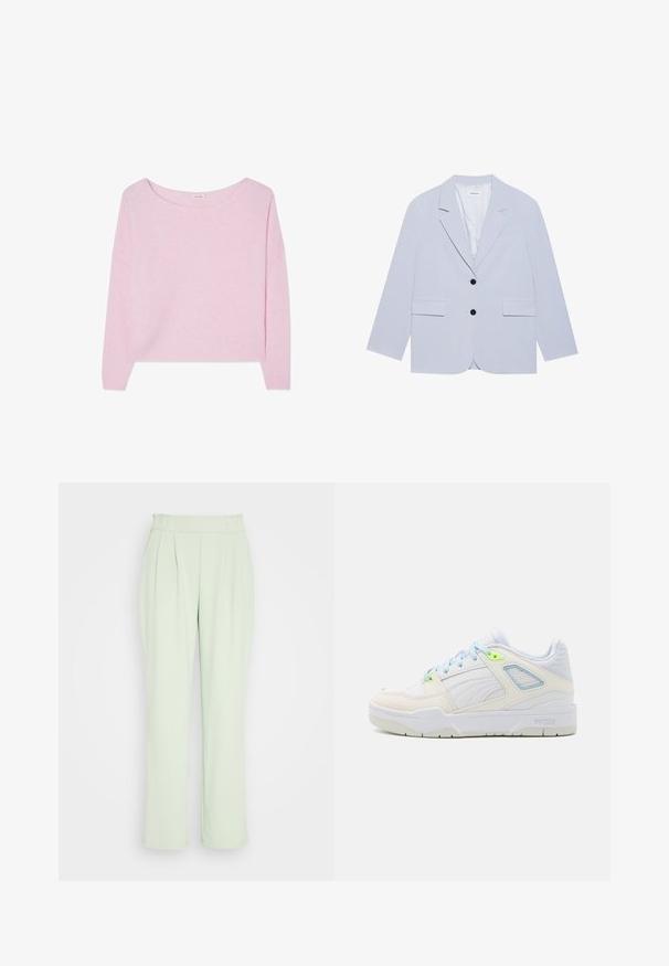 Even&Odd by Zalando Blazer - light blue; Blød lyserød langærmet trøje med bred rund halsudskæring samt ribstrikkede manchetter og kant.; VILA VIFEBA PANTS - Bukser - desert sage; Hvide sneakers med lys blå og neon grønne detaljer. Fremstillet af glat læder og mesh, med en polstret krave og struktureret sål.