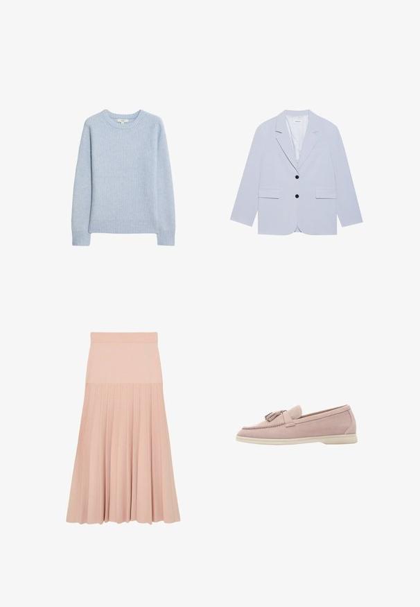 Even&Odd Blazer - light blue; Lichtblauwe geribbelde gebreide trui met een ronde halslijn, verlaagde schouders en geribbelde zoom en manchetten. Zachte textuur en een casual pasvorm.; Lichtroze midirok met een aangesloten tailleband en een geplooid ontwerp dat loopt van halverwege de heup tot de zoom.; Lichtroze suede instapper met een ronde neus en franjeraccent. Heeft een soepele textuur en een beige rubberen zool.