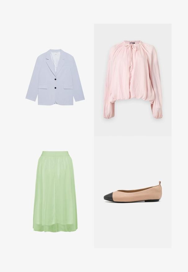 Even&Odd by Zalando Blejzer - light blue; Svetloružová blúzka s dlhým rukávom so zbieraným výstrihom, predným zapínaním na gombíky, detailom na zaväzovanie a elastickými manžetami a lemom.; Svetlozelená, priesvitná sukňa s elastickým pásom. Plynulý dizajn, po kolená, hladká textura a nahrnutie v pase.; Kožené balerínky s telovou farbou a čiernym špičkovým detailom. Majú minimalistický dizajn, hladkú textúru a malý zadný pútko pre jednoduché obutie.