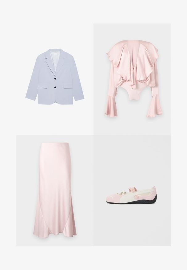 Even&Odd Blazer - light blue; Lyserød satin body med dyb V-hals, oversize flæsekrave og brede lange ærmer.; Lyserød satin midi-nederdel med A-formet silhuet og fine diagonale sømdetaljer på en ensfarvet baggrund.; Rosa ruskind slip-on sko med hvide detaljer, gummisål og elastiske stropper. Har et tekstureret design og et lille logo på fronten.