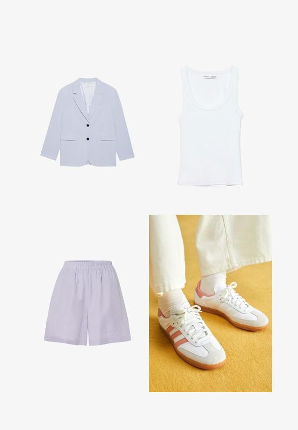 Even&Odd by Zalando Blazer - light blue; Effen witte mouwloze tanktop met ronde hals, gemaakt van zachte stof, met een label aan de binnenkant van de kraag dat merk en maat aangeeft.; Licht paarse shorts van zacht materiaal met een elastische tailleband en een relaxte pasvorm, met een eenvoudige, onversierde uitstraling.; Witte sportschoenen met roze accenten, gemaakt van suede en leer, met een ronde neus en een rubberen zool, weergegeven met lichtgekleurde sokken op een gele achtergrond.