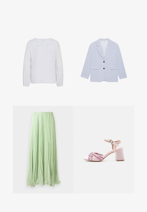 Even&Odd by Zalando Blejzer - light blue; Biela blúzka s dlhým rúchom a volánovým golierom, hladká textúra a gumičkové manžety. Jednoduchý, čistý dizajn vhodný na rôzne príležitosti.; Svetlozelená skladaná dlhá sukňa s voľnou látkou a elastickým pásom, vystavená na bielom pozadí.; Dámska ružová semišová sandála na hrubom podpätku s remienkom okolo členka a prúžkovanými krútenými prednými remienkami v odtieňoch ružovej a bielej, bočný pohľad na bielom pozadí.