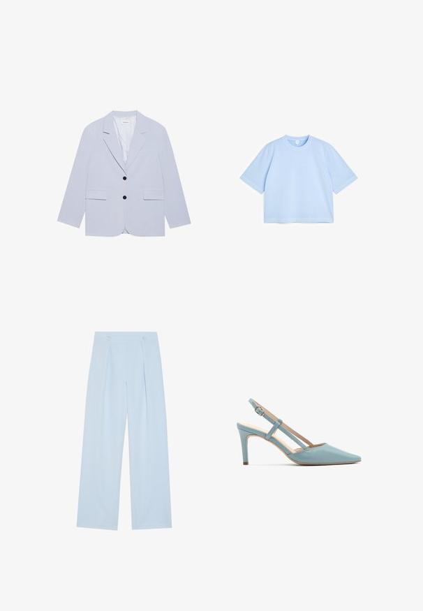 Even&Odd by Zalando Bleiser - light blue; Hele sinine lühikeste varrukatega ümar kaelusega lühendatud t-särk ühevärvilise mustriga valgel taustal.; Heledad sinine laiad püksid, millel on kaks esistarti, kaks nuppu vööl ja sile kangast tekstuur.; Heledad siniste nahkased kingad terava ninaga, kitsaste kontsadega ja kahekordse rihma disainiga. Omab reguleeritavat pannalt.