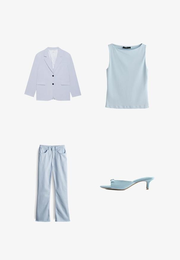 Even&Odd Blazer - light blue; Lichtblauw dames topje zonder mouwen met een ronde hals, een gladde textuur en een zwart "NEXT" merklabel aan de binnenkant van de kraag.; Lichtblauwe uitlopende jeans van zachte denim. Beschikt over vijf zakken, riemlussen en een knoopsluiting. Onbewerkte zoom aan de onderkant.; Lichtblauwe suède open-toe mule met een lage kittenhak en een klein gespsluitingdetail op de bovenste band.