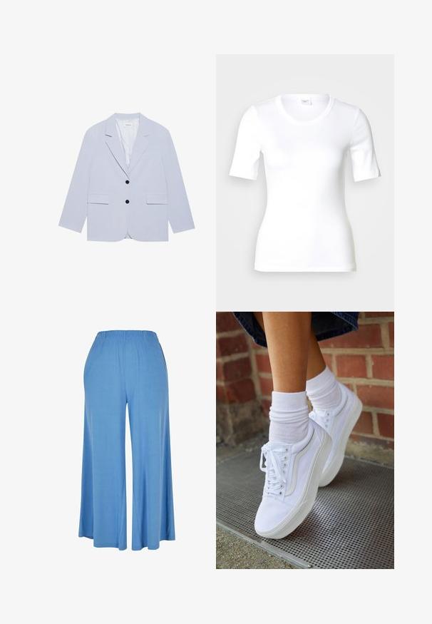 Even&Odd Bleiser - light blue; Valge lühikeste varrukatega T-särk, mis on valmistatud siledast puuvillast, ümar kaelusega ja keha järgiva lõikega. Klassikaline disain, ilma mustrite või aktsentideta.; Heledad helesin sinised laiad püksid, mis on valmistatud pehmest kangast, elastse vöökoha ja lõdva lõikega, mis ulatub keskmiste sääreni.; Valged kanvas tennisikud kummitaldadega, kuue silmaga, ümmarguse varbaga ja kergete tikandite detailidega, koos valgete pahkluusokkidega.