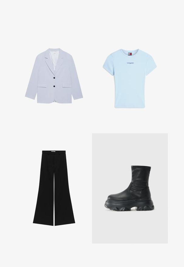 Even&Odd Bleiseri - light blue; Vaaleansininen ribbineuloksinen lyhythihainen t-paita, jossa rinnalla tummansininen kirjailtu "tommy jeans" -teksti ja merkitty kaulusetiketti.; Mustat leveälahkeiset housut, joissa on räätälöity vyötärö, etupuolen kaltevat taskut ja sileä pinta. Ominaisuutena on puhdas, minimalistinen muotoilu.; Musta nilkkuri ihanasti sileällä nahkapinnalla ja paksulla, muotoillulla chunky-pohjalla, jossa on syvä kuvio.