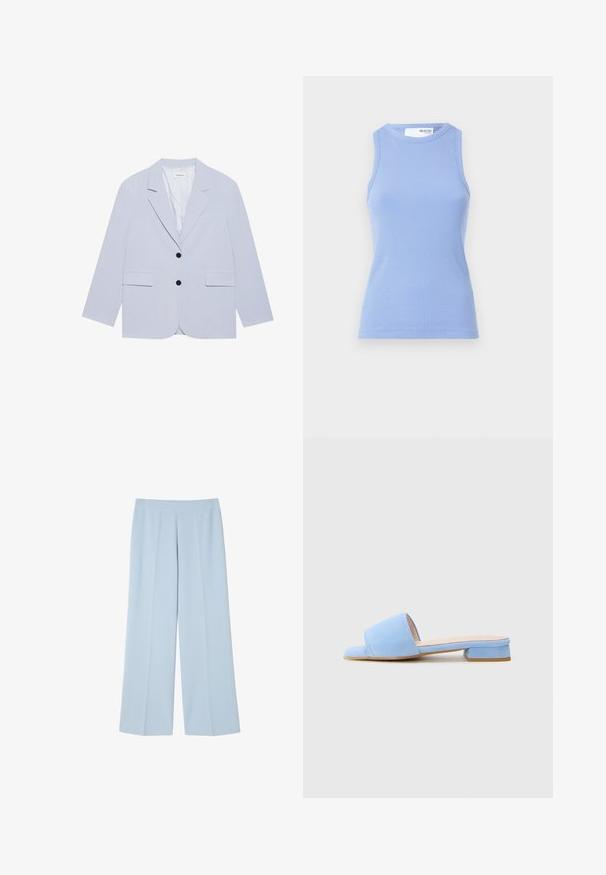 Even&Odd by Zalando Σακάκι - light blue; Ανοιχτό μπλε ριγέ αμάνικο μπλουζάκι με στρογγυλή λαιμόκοψη. Διαθέτει εφαρμοστή σιλουέτα και λεία υφή.; Ανοιχτό μπλε παντελόνι με φαρδιά γραμμή, φτιαγμένο από λείο ύφασμα. Διαθέτει επίπεδο μπροστινό μέρος με πιέτες για δομή και χωρίς ορατούς κλεισίματα.; Ανοιχτό μπλε σουέτ σανδάλι με ανοιχτή μύτη και πλατιά λωρίδα. Διαθέτει κοντό, τετράγωνο τακούνι και απαλό, επίπεδο πέλμα.
