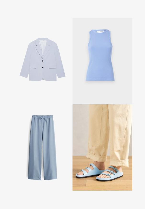 Even&Odd Blazer - light blue; Himmelblaues, geripptes Tanktop mit rundem Ausschnitt und ohne Ärmel. Es hat eine figurbetonte Silhouette und eine glatte Textur.; Helle blaue weite Hosen aus glattem Stoff, mit einem elastischen Bund und Kordelzug, ohne sichtbare Taschen oder zusätzliche Details.; Helle blaue Flip-Flops mit drei verstellbaren Riemen und silbernen Schnallen; strukturierte Sohle und glattes Obermaterial. Tragen mit hochgerollten beigen Hosen.