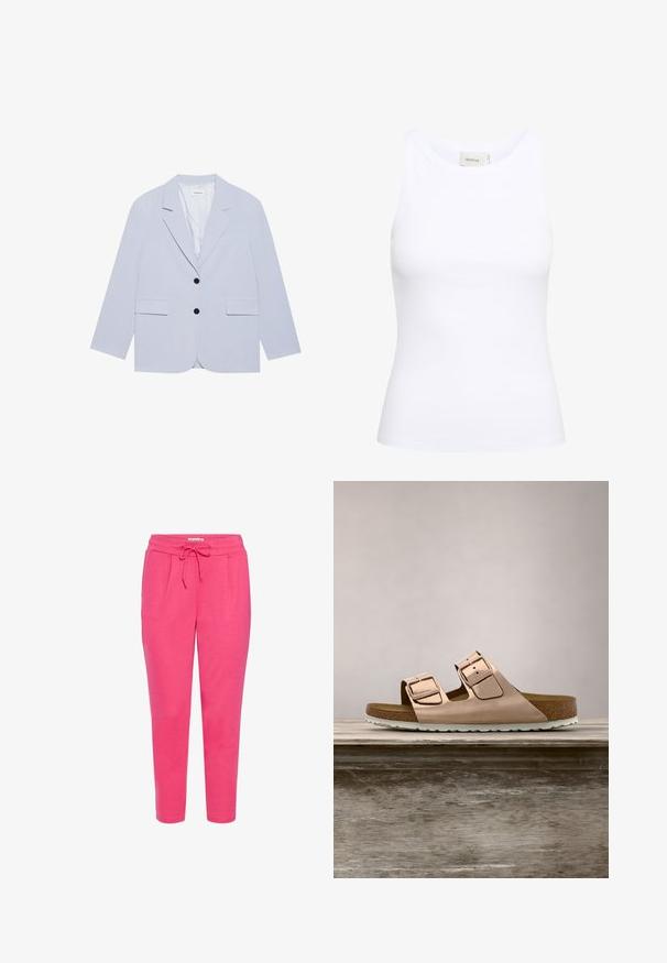Even&Odd by Zalando Blazer - light blue; Top sin mangas de canalé blanco con escote redondo. Tejido elástico y diseño ajustado. La etiqueta en la parte posterior dice "GESTUZ."; Pantalones de chándal de algodón rosa con cintura elástica, cordón ajustable y dos bolsillos frontales. Diseño de pierna tapered con una textura suave.; Sandalias deslizantes en oro rosa con dos hebillas metálicas ajustables, plantilla de corcho y suela de goma blanca. Acabado metálico suave, diseño de punta abierta.
