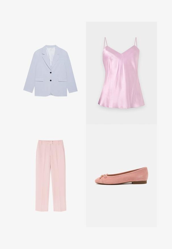 Even&Odd by Zalando Blazer - light blue; Lyserød satin camisole med tynde, justerbare spaghetti-stropper og en let V-udskæring, vist mod en ensartet hvid baggrund.; Lyserøde bukser med skræddersyet design, der har to sidelommer, en glat tekstur og folder foran for ekstra detalje.; Blød lyserød ruskind balletflat med lille sløjfe og gyldent accent på afrundet tå, lav hæl og glat sål.